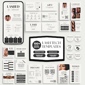 Könnte beinhalten: Eine Sammlung bearbeitbarer digitaler Vorlagen für Wimpernstylisten in Schwarz-Weiß-Designs, darunter Visitenkarten, Social-Media-Beiträge, Buchungsformulare und Preislisten mit Texten wie Lashed by Amarah und 100+ Lash Tech Templates.