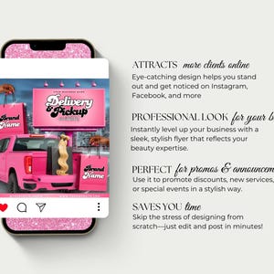 May include: A pink smartphone shows a social media post for a beauty business. The post features a pink pickup truck with a billboard that reads "Delivery & Pickup". Shopping bags and hair extensions are also visible.