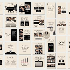 May include: A collection of 30 social media content templates for nail salons, featuring a neutral color palette with black and beige tones. The templates include price lists, raffles, nail art comparisons, and promotional graphics.
