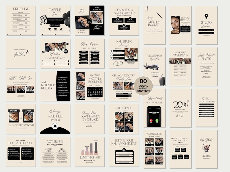 May include: A collection of 30 social media content templates for nail salons, featuring a neutral color palette with black and beige tones. The templates include price lists, raffles, nail art comparisons, and promotional graphics.