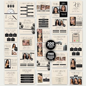 May include: A collection of 200 Instagram post templates for lash technicians, featuring a beige and black color scheme. The designs include text, photography of eyes with lash extensions, clocks, balloons, phones, and travel icons for business.