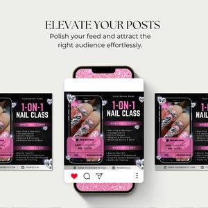May include: A smartphone screen displaying a nail class advertisement. The ad shows a close-up of a manicured hand with a zebra print design and rhinestones. The text reads "1-ON-1 NAIL CLASS" and "ELEVATE YOUR POSTS".