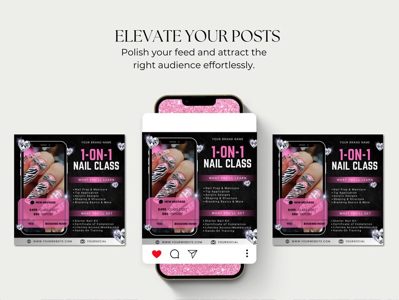 May include: A smartphone screen displaying a nail class advertisement. The ad shows a close-up of a manicured hand with a zebra print design and rhinestones. The text reads "1-ON-1 NAIL CLASS" and "ELEVATE YOUR POSTS".