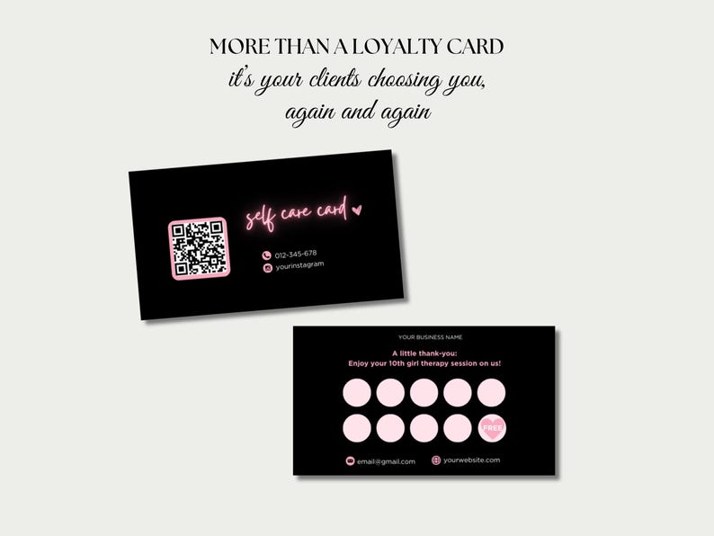 Puede incluir: Tarjetas negras de autocuidado con texto y acentos rosas. Una tarjeta presenta un c&oacute;digo QR e informaci&oacute;n de contacto. La otra tarjeta ofrece un agradecimiento con espacio para el nombre de la empresa y los datos de contacto. Tarjetas de fidelizaci&oacute;n.