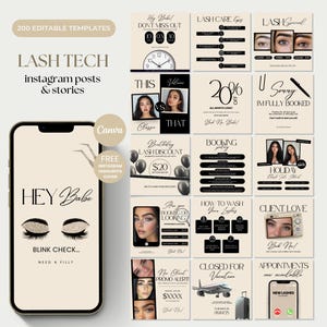 Könnte beinhalten: Digitale Präsentation von 200 editierbaren Vorlagen für Lash Tech Instagram-Posts und -Stories. Das Design zeigt ein Smartphone mit dem Text "HEY Babe" und "BLINK CHECK... NEED A FILL?" in Schwarz. Zusätzliche Vorlagen in einem Raster.