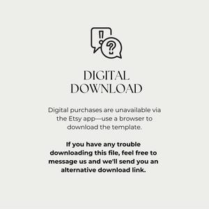 Puede incluir: Gr&aacute;fico de descarga digital con el texto &laquo;DESCARGA DIGITAL&raquo;. El texto indica que las compras digitales no est&aacute;n disponibles a trav&eacute;s de la aplicaci&oacute;n de Etsy y proporciona instrucciones para descargar la plantilla. Tambi&eacute;n se ofrece un enlace de descarga alternativo.