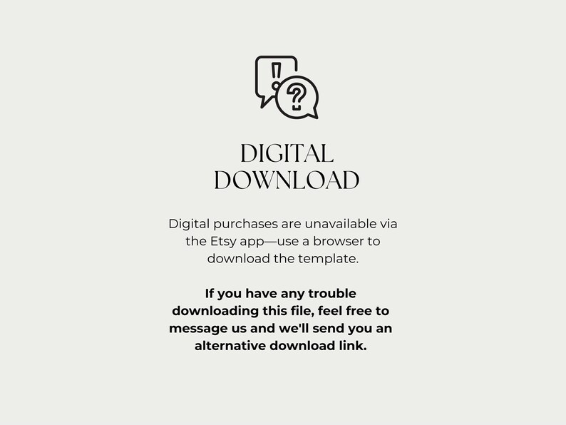 Puede incluir: Gr&aacute;fico de descarga digital con el texto &laquo;DESCARGA DIGITAL&raquo;. El texto indica que las compras digitales no est&aacute;n disponibles a trav&eacute;s de la aplicaci&oacute;n de Etsy y proporciona instrucciones para descargar la plantilla. Tambi&eacute;n se ofrece un enlace de descarga alternativo.