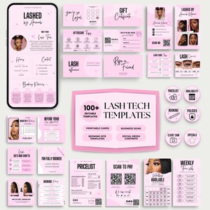 May include: A collection of pink lash tech templates, including printable cards, business signs, and social media content. The templates feature text like "Lashed by Arrasch," "Gift Certificate," and "Scan to Pay."