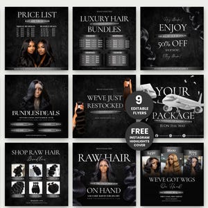 May include: A collection of black and white promotional flyers for hair products. The flyers feature images of hair bundles, wigs, and models with long hair. Text includes "Luxury Hair Bundles", "Bundles Deals", and "We've Got Wigs On Hand".