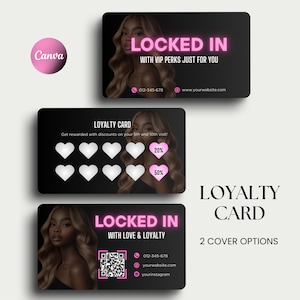 Szablon karty lojalnościowej Beauty Karta lojalnościowa VIP Karta Canva Hair Stylist Karta lojalnościowa Rewards Lashes Karta lojalnościowa Salon fryzjerski Edytowalna karta lojalnościowa dla firm