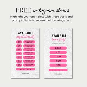 May include: Two Instagram story templates with a light background. One template displays "AVAILABLE appointments" with pink appointment times. The other template shows "AVAILABLE time slots" with pink time slots. Text at the top reads "FREE instagram stories".
