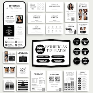 May include: A collection of esthetician templates in black and white. Includes printable cards, business signs, booking site templates, and social media content. The templates feature text such as "Esthetics by Mary Anderson" and "Before Your Skin Appointment."