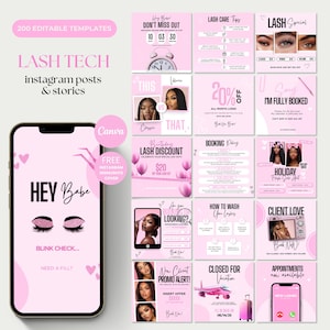 May include: Pink Instagram post templates for lash technicians. The design includes a smartphone with the text "HEY Babe" and "Blink Check... Need a fill?" along with other templates with lash care tips and booking information.
