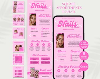May include: Pink and white square Instagram story templates for a nail salon. The template includes a welcome message, hours of operation, contact information, booking policies, nail preparation instructions, and a thank you message. The text "Nails by Taliah" is featured in a retro font.