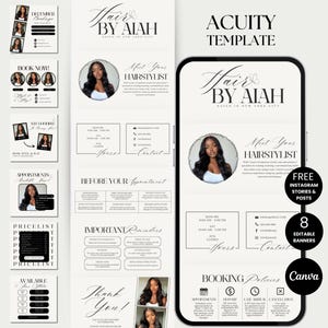 Op de afbeelding: Een digitaal sjabloon voor haarstylisten, met een minimalistisch ontwerp in zwart en wit. De sjabloon bevat Instagram-verhalen en -posts, boekingsbeleid en contactgegevens. De tekst bevat "Hair by Aiah" en "Meet Your Hairstylist."