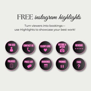 May include: A graphic with the text "FREE instagram highlights" and several circular icons with pink accents. The icons include text such as "The CEO", "Contact Us", and "Client Love". The background is a light beige color.