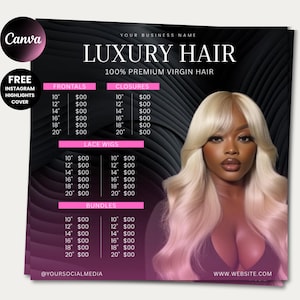 Puede incluir: Gráfico promocional para "Luxury Hair" con una mujer de pelo largo y rubio. La imagen incluye texto que enumera los tipos de productos para el cabello: Frontales, Cierres, Pelucas de encaje y Paquetes. El fondo es negro con un degradado rosa.