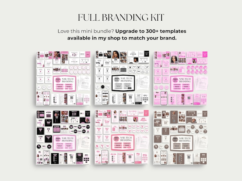 May include: A branding kit with a pink and white color scheme. The kit includes templates for social media, business cards, and other marketing materials. The text "FULL BRANDING KIT" is at the top, with "NAL TECH BRANDING" repeated throughout.
