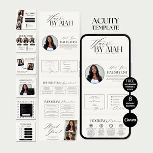 Op de afbeelding: Een digitale marketing sjabloon voor een kapper, met een telefoon mockup met de tekst "Hair by Aiah" en "Meet Your Hairstylist". Inclusief Instagram stories en 8 bewerkbare banners. Extra marketingmaterialen zijn ook afgebeeld.