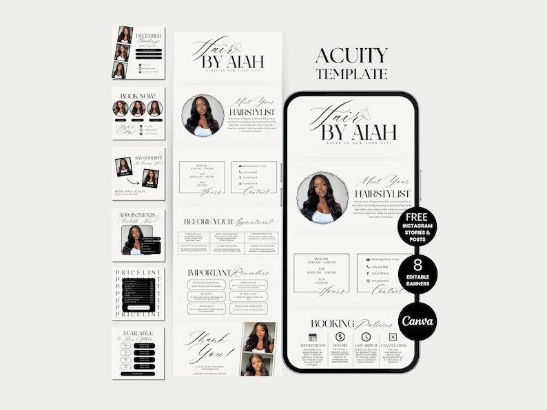 May include: A digital marketing template for a hairstylist, featuring a phone mockup with the text "Hair by Aiah" and "Meet Your Hairstylist." Includes Instagram stories and 8 editable banners. Additional marketing materials are also shown.
