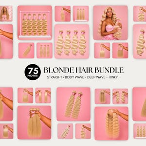 Puede incluir: Un conjunto de mechones de cabello rubio en varios estilos, incluyendo liso, ondulado, rizado y afro. Las imágenes muestran diferentes texturas y longitudes de cabello, sobre un fondo rosa. El texto dice "75 PHOTOS BLONDE HAIR BUNDLE".