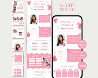 May include: Pink and white digital template for lash services, featuring the text "Lashed by Amarah." Includes sections for booking, hours, contact, and services. The template is designed for use with Acuity and Canva.