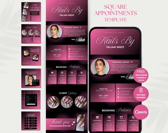 May include: A digital marketing template for nail salon appointments, featuring a pink and black design. The template includes a phone mockup, Instagram posts, and booking information. The text reads "Nails By Taliah West."