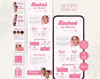 May include: Pink and white graphic design template for an Instagram story or post. The template features the text "Lashed by Amarah" in a pink, retro font. The template also includes a photo of a woman with long eyelashes, business hours, contact information, and booking policies.