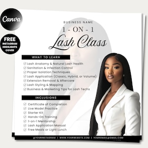 Puede incluir: Un folleto promocional para una clase de pestañas 1 a 1. El diseño presenta a una mujer con una blazer blanca, con texto que enumera temas como la aplicación y el estilo de pestañas. Incluye un logotipo de Canva y una portada de destacados de Instagram.