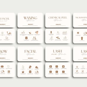 May include: A collection of business cards with a minimalist design, featuring various beauty services. Each card has a white background with text in a warm brown color. Services include Acne Facial, Waxing, Chemical Peel, and Microdermabrasion.