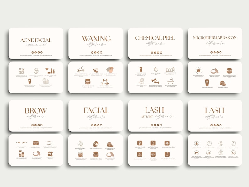 May include: A collection of business cards with a minimalist design, featuring various beauty services. Each card has a white background with text in a warm brown color. Services include Acne Facial, Waxing, Chemical Peel, and Microdermabrasion.