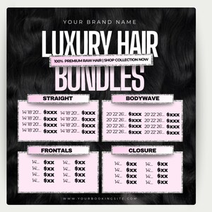 Puede incluir: Un anuncio de extensiones de cabello de lujo, con el texto "Luxury Hair Bundles" y "100% Premium Raw Hair". La imagen incluye secciones para tipos de cabello liso, ondulado, frontal y cierre, con listas de precios.