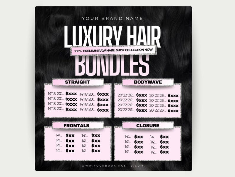 Puede incluir: Un anuncio de extensiones de cabello de lujo, con el texto "Luxury Hair Bundles" y "100% Premium Raw Hair". La imagen incluye secciones para tipos de cabello liso, ondulado, frontal y cierre, con listas de precios.
