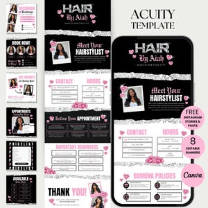 Può includere: Un modello digitale nero e rosa per un parrucchiere, con il testo "Hair by Aiah" e "Meet Your Hairstylist". Il modello include banner modificabili, informazioni di contatto e politiche di prenotazione. Il design incorpora accenti floreali.