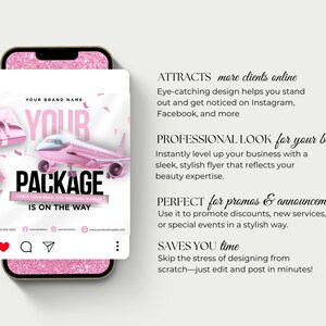 May include: A pink social media graphic on a phone screen with the text "YOUR PACKAGE IS ON THE WAY." The design includes a pink airplane, gift boxes, and confetti, promoting a brand's services.
