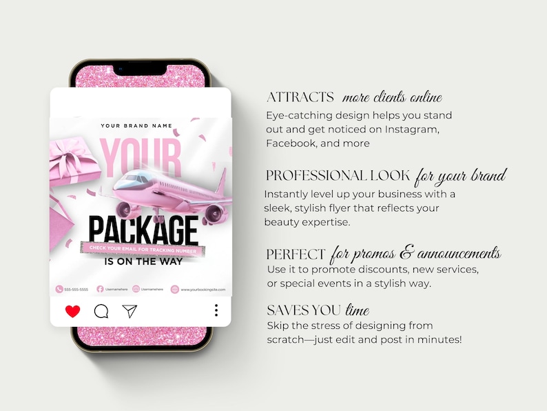 May include: A pink social media graphic on a phone screen with the text "YOUR PACKAGE IS ON THE WAY." The design includes a pink airplane, gift boxes, and confetti, promoting a brand's services.