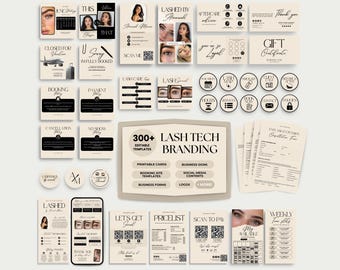 May include: A collection of lash tech branding materials in beige and black. Includes business cards, booking forms, social media content, and logos. The text "300+ LASH TECH BRANDING" is prominently displayed.