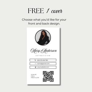 May include: A white business card with a black and white photo of a woman in a circle at the top. The text "Mary Anderson Esthetician" is below the photo. The card includes contact information, a QR code, and the text "SCAN ME FOR A FRESH GLOW".