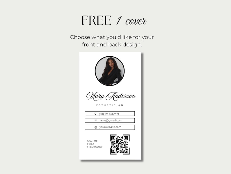 May include: A white business card with a black and white photo of a woman in a circle at the top. The text "Mary Anderson Esthetician" is below the photo. The card includes contact information, a QR code, and the text "SCAN ME FOR A FRESH GLOW".