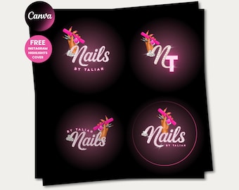 May include: A black background with four pink-toned circular logos for a nail salon. Each logo features a hand holding nail tools, the word "Nails" in a sparkling font, and the text "BY TALIAH". The top left corner has a "Canva" logo.