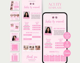 May include: Pink digital template for a lash business, featuring the text "lashes by amavah". Includes business hours, contact info, and booking policies. The template also includes a phone mockup and Instagram stories.