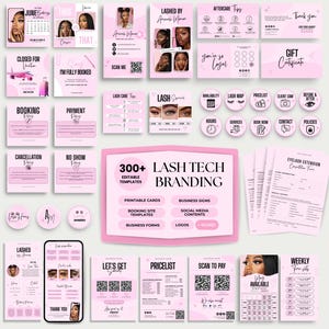 Peut inclure: Ensemble de modèles de branding pour techniciennes en cils, de couleur rose, comprenant des cartes imprimables, des enseignes commerciales, des modèles de sites de réservation et des formulaires commerciaux. Les modèles présentent divers designs, avec des calendriers, des listes de prix et des conseils d'entretien.
