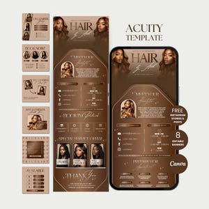 May include: A brown Acuity template for hair stylists, featuring a phone mockup and several promotional banners. The design includes the text "HAIR" and "BOOK NOW!" with images of hairstyles and appointment details.