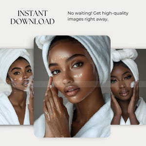 May include: Three close-up images of people with white towels wrapped around their heads, applying a white facial cleanser. The images are cropped to show only the faces and shoulders of the people.