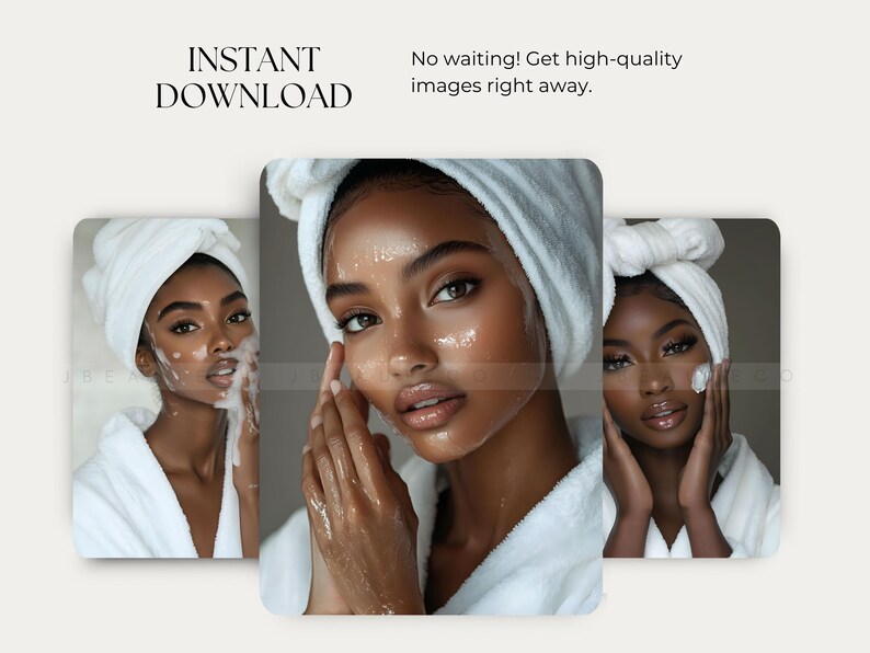 May include: Three close-up images of people with white towels wrapped around their heads, applying a white facial cleanser. The images are cropped to show only the faces and shoulders of the people.