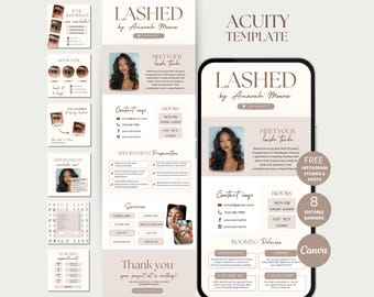 May include: A digital marketing template for lash services, featuring a mobile phone mockup and various promotional graphics. The design includes the text "LASHED by Amarah Monroe," contact information, and service details. The template offers free Instagram stories and posts.