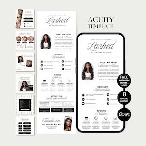 May include: A black and white Acuity template for lash artists, featuring a phone mockup with the text "Lashed by Amarah Monroe." Includes Instagram stories and posts, editable banners, and Canva integration.