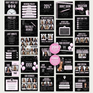 Puede incluir: Una colección de 200 plantillas de publicaciones de Instagram en negro y rosa para peluqueros, con texto como Booking Policy, Price List, Hair Care Tips y Hair Special, organizadas en una cuadrícula con varios elementos gráficos e iconos.