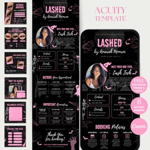 Op de afbeelding: Een zwart-roze Halloween-thema advertentie voor wimperextensions. Het ontwerp bevat een foto van een vrouw, tekst en afbeeldingen. De tekst bevat "Lashed by Amarah Monroe", "Meet Your Boo-tiful Lash Tech" en boekingsinformatie.