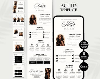 Szablon harmonogramu fryzjerskiego Acuity Strona internetowa dla fryzjerów Minimalistyczna strona rezerwacji Acuity Technologia fryzjerska Harmonogram Acuity DIY Acuity Canva Harmonogram fryzjerski
